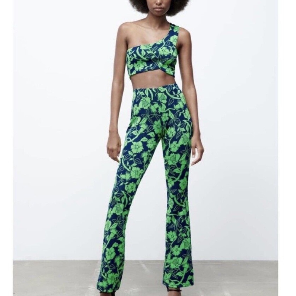Zara Navy and Lime Green Floral Boot Cut Pants